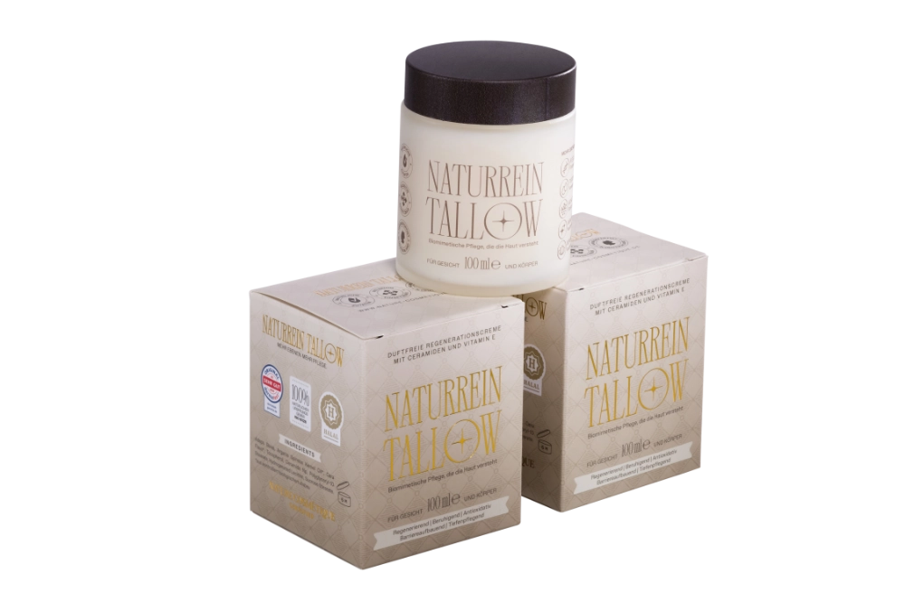 Naturrein Tallow im Tigel und in der Verpackung